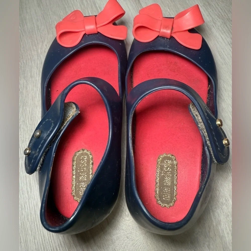 Mini Melissa Toddler Girl Blue With Pink Ribbon Bow Mary Jane Shoes Size 8
